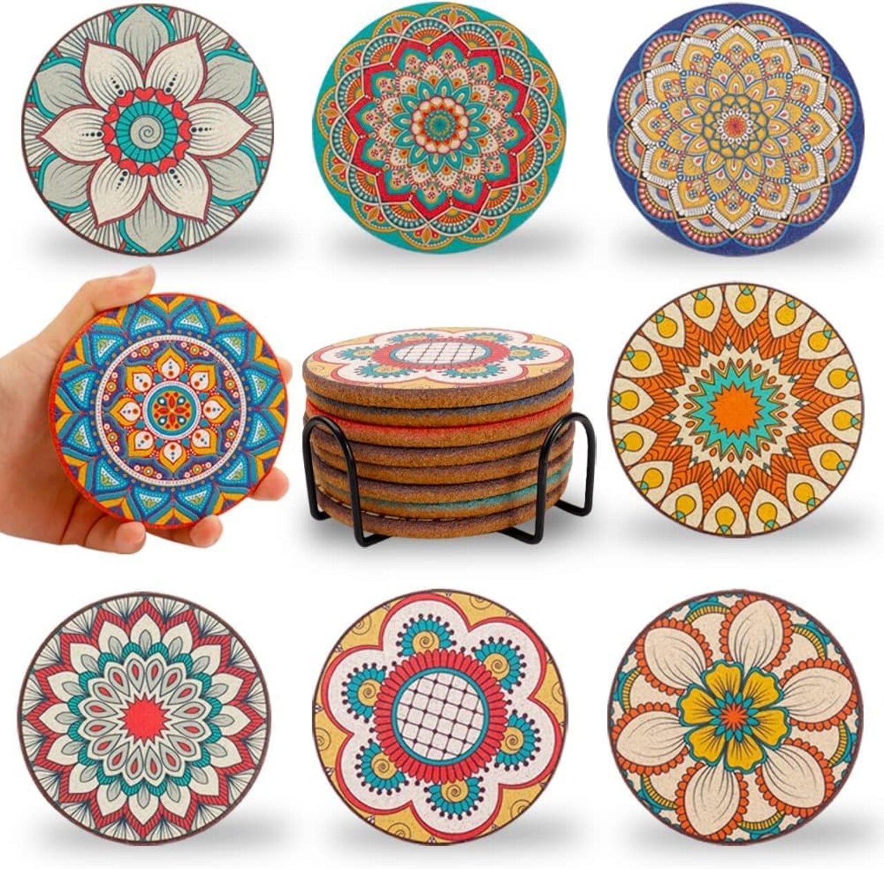 Coasters Set of 8,Cork Coasters for Drinks,Colorful Drink Coasters with Holder,Cute Coasters for Coffee Table,Boho Coasters for Apartment Home Decor,Boho Gifts for Women